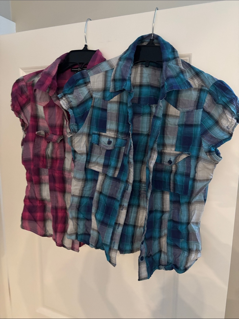 Girls Plaid Short-Sleeve Button-Up Shirt - Blue